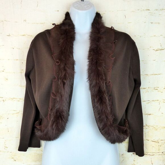 VTG Joseph A. Cardigan Women XL Brown Silk Blend Faux Fur Trim Crop Sweater Y2K - Picture 3 of 13
